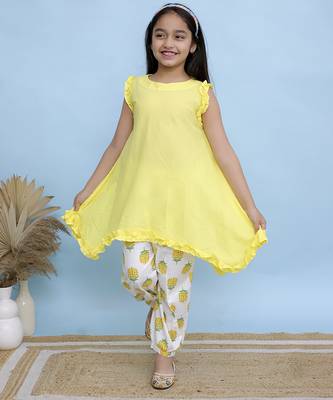 Yellow plain cotton girls kurti and pant 1