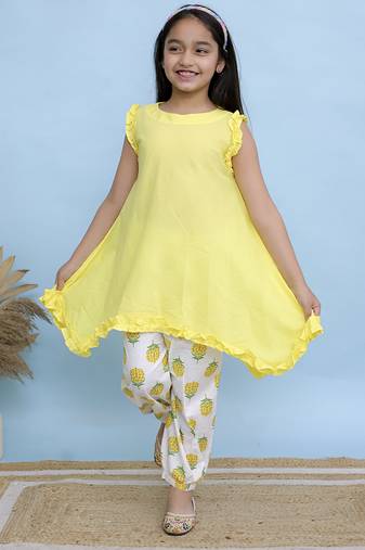 Yellow plain cotton girls kurti and pant