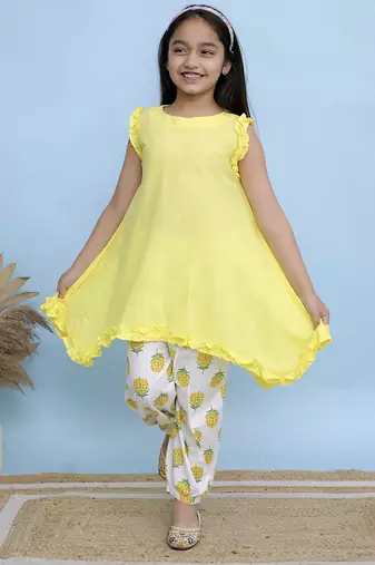 Yellow plain cotton girls kurti and pant