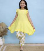 Yellow plain cotton girls kurti and pant