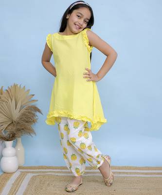 Yellow plain cotton girls kurti and pant 2