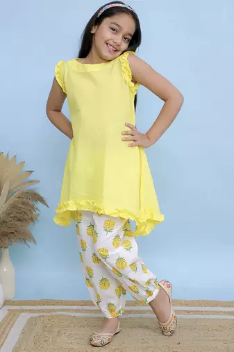 Yellow plain cotton girls kurti and pant