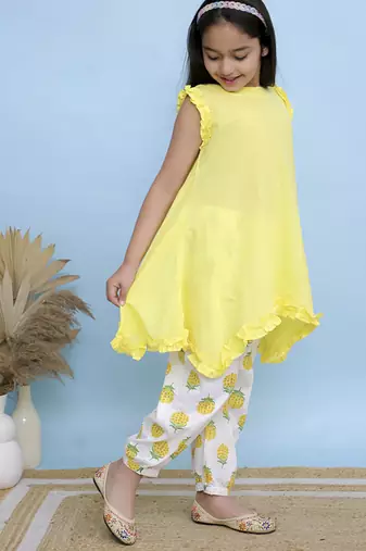 Yellow plain cotton girls kurti and pant