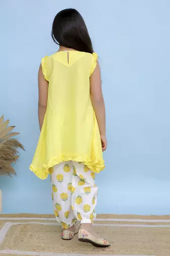 Yellow plain cotton girls kurti and pant