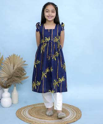 Blue printed georgette girls kurti and pant 1