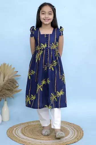Blue printed georgette girls kurti and pant