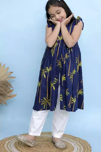 Blue printed georgette girls kurti and pant