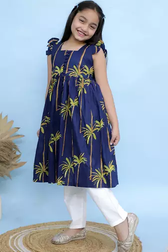 Blue printed georgette girls kurti and pant