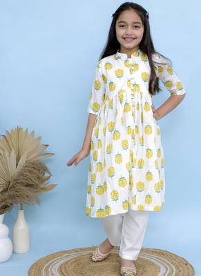 White printed cotton girls kurti set 1