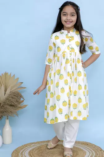 White printed cotton girls kurti set