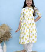 White printed cotton girls kurti set