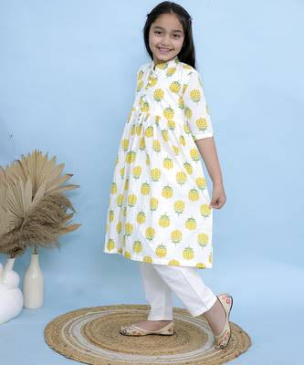 White printed cotton girls kurti set 2