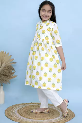 White printed cotton girls kurti set