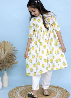 White printed cotton girls kurti set 3