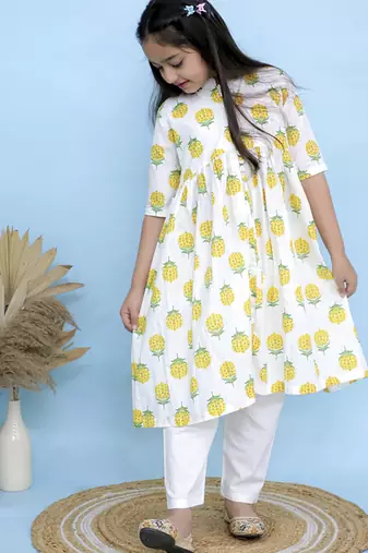 White printed cotton girls kurti set