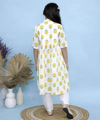 White printed cotton girls kurti set 4