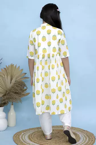 White printed cotton girls kurti set