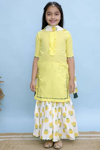 Yellow plain cotton girls sharara set