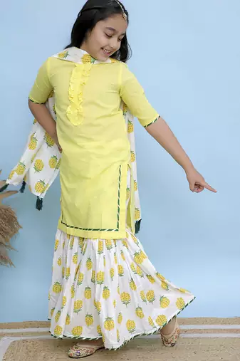 Yellow plain cotton girls sharara set