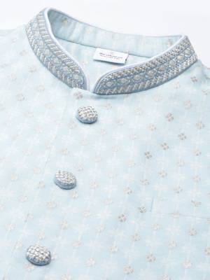 Aqua blue chanderi jacket with white short kurta 3