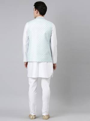 Aqua blue chanderi jacket with white short kurta 4