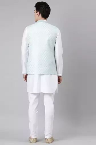 Aqua blue chanderi jacket with white short kurta