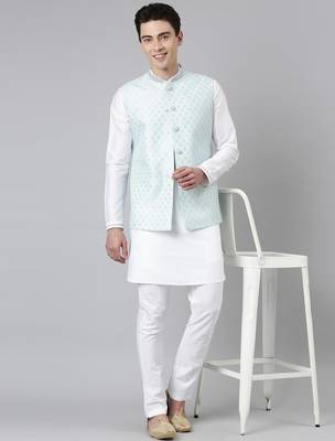 Aqua blue chanderi jacket with white short kurta 5