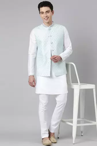 Aqua blue chanderi jacket with white short kurta