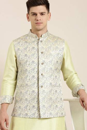 Pastel green jacquard jacket with kurta set