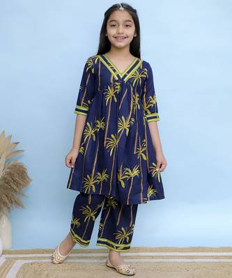 Blue printed cotton Girls Kurti Set 1