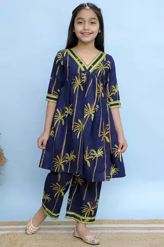 Blue printed cotton Girls Kurti Set