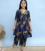 Blue printed cotton Girls Kurti Set