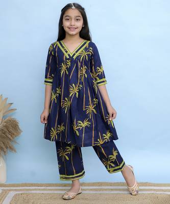 Blue printed cotton Girls Kurti Set 2