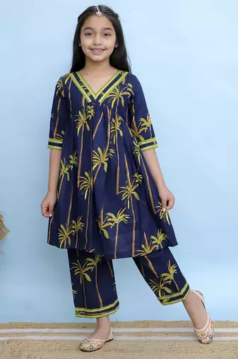 Blue printed cotton Girls Kurti Set