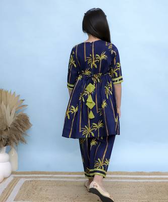Blue printed cotton Girls Kurti Set 3
