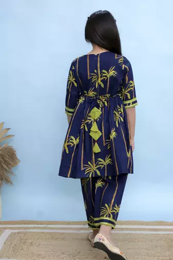 Blue printed cotton Girls Kurti Set