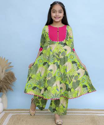 Green printed cotton Girls Kurti Set 1