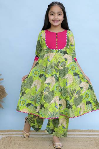 Green printed cotton Girls Kurti Set