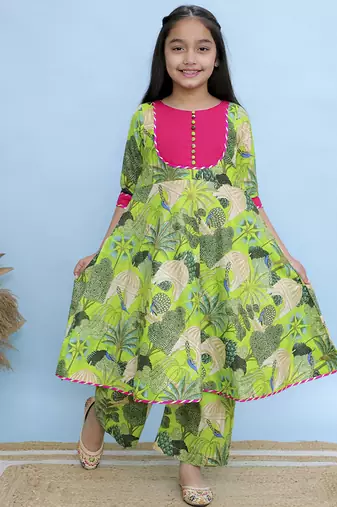Green printed cotton Girls Kurti Set