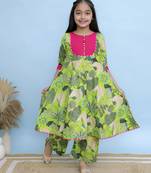 Green printed cotton Girls Kurti Set
