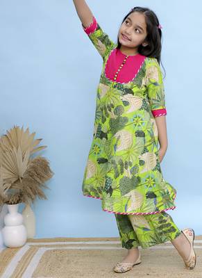 Green printed cotton Girls Kurti Set 2