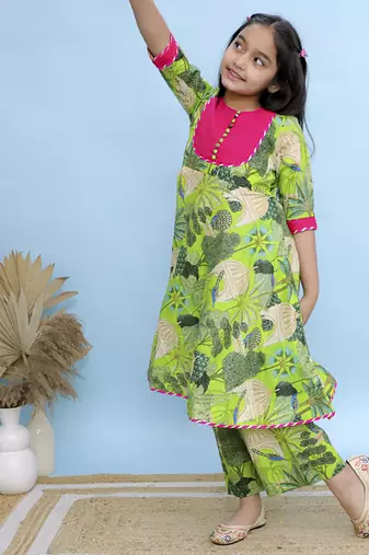 Green printed cotton Girls Kurti Set