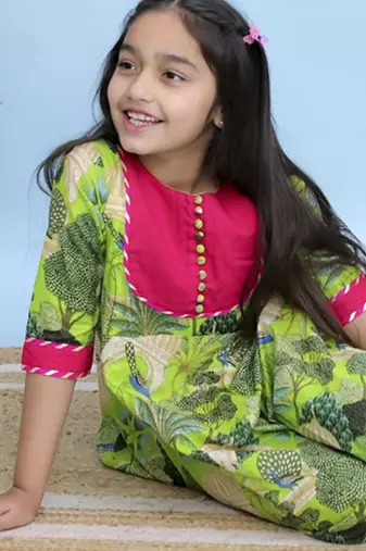 Green printed cotton Girls Kurti Set