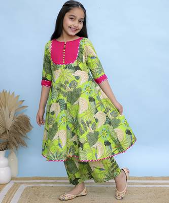 Green printed cotton Girls Kurti Set 4