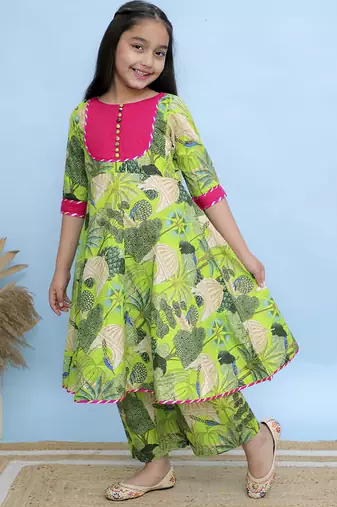 Green printed cotton Girls Kurti Set