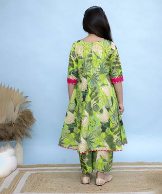 Green printed cotton Girls Kurti Set 5