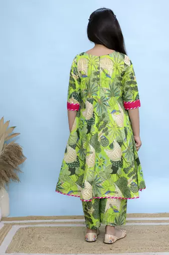 Green printed cotton Girls Kurti Set