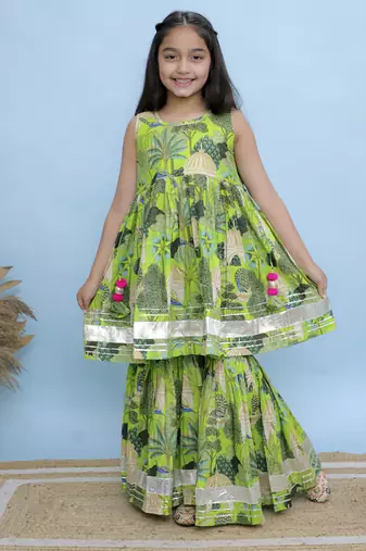 Green printed cotton girls Sharara