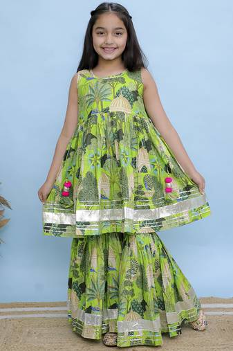 Green printed cotton girls Sharara