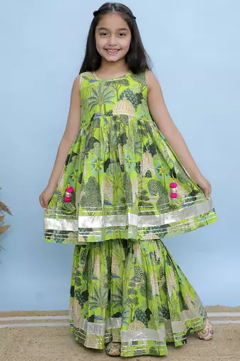 Green printed cotton girls Sharara